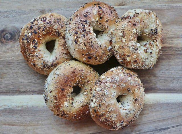 Bread Care Package: 2 pieces 1/2 loaf of 7 grain bread, 15 Bagels (5 Sesame 5 Everything 5 Plain) and 8 Muffins (2 Blueberry, 2 Double Chocolate, 2 Corn, 2 Lemon Poppy) - #shop_#breadsDavidovich Bakery